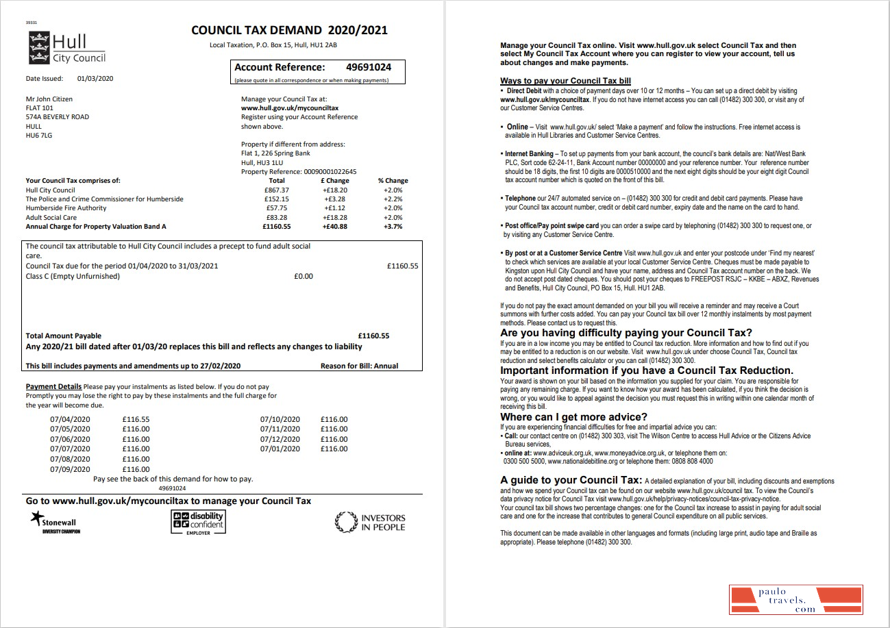 United Kingdom Hull City Council utility bill template in Word and PDF format, 2 pages